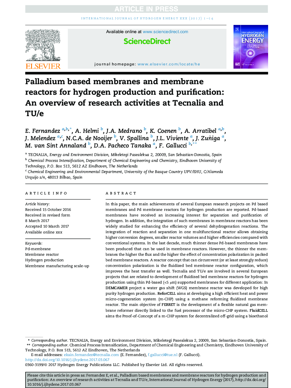 Palladium based membranes and membrane reactors for hydrogen production and purification: An overview of research activities at Tecnalia and TU/e