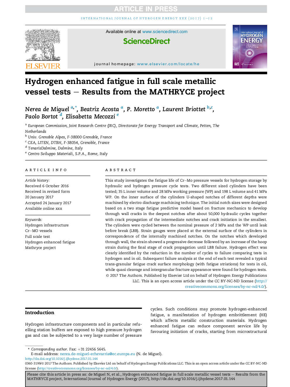 Hydrogen enhanced fatigue in full scale metallic vessel tests - Results from the MATHRYCE project