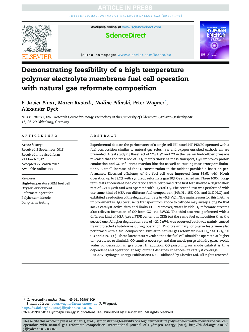 Demonstrating feasibility of a high temperature polymer electrolyte membrane fuel cell operation with natural gas reformate composition