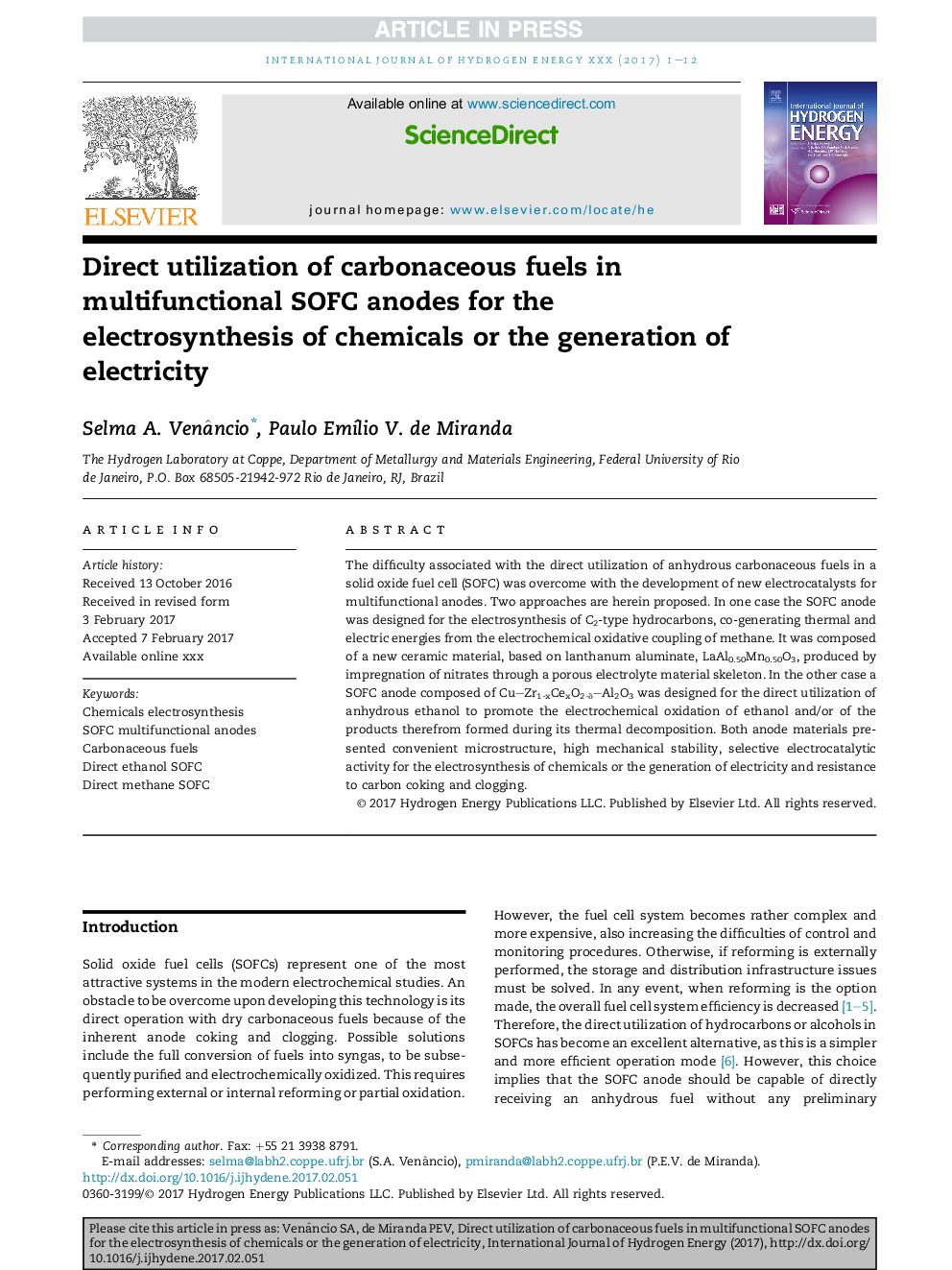 Direct utilization of carbonaceous fuels in multifunctional SOFC anodes for the electrosynthesis of chemicals or the generation of electricity