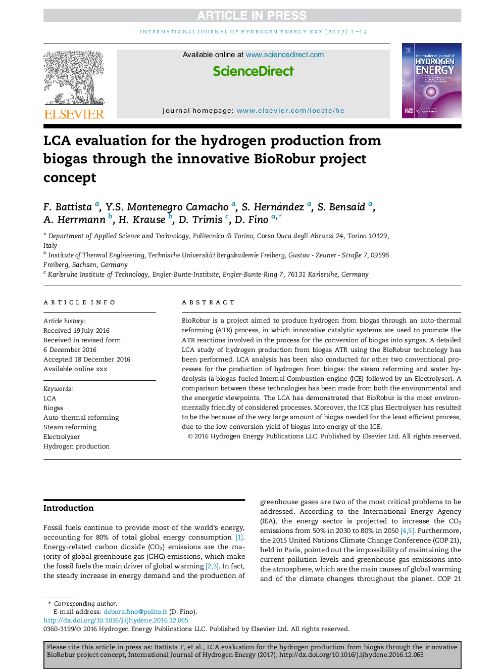 LCA evaluation for the hydrogen production from biogas through the innovative BioRobur project concept