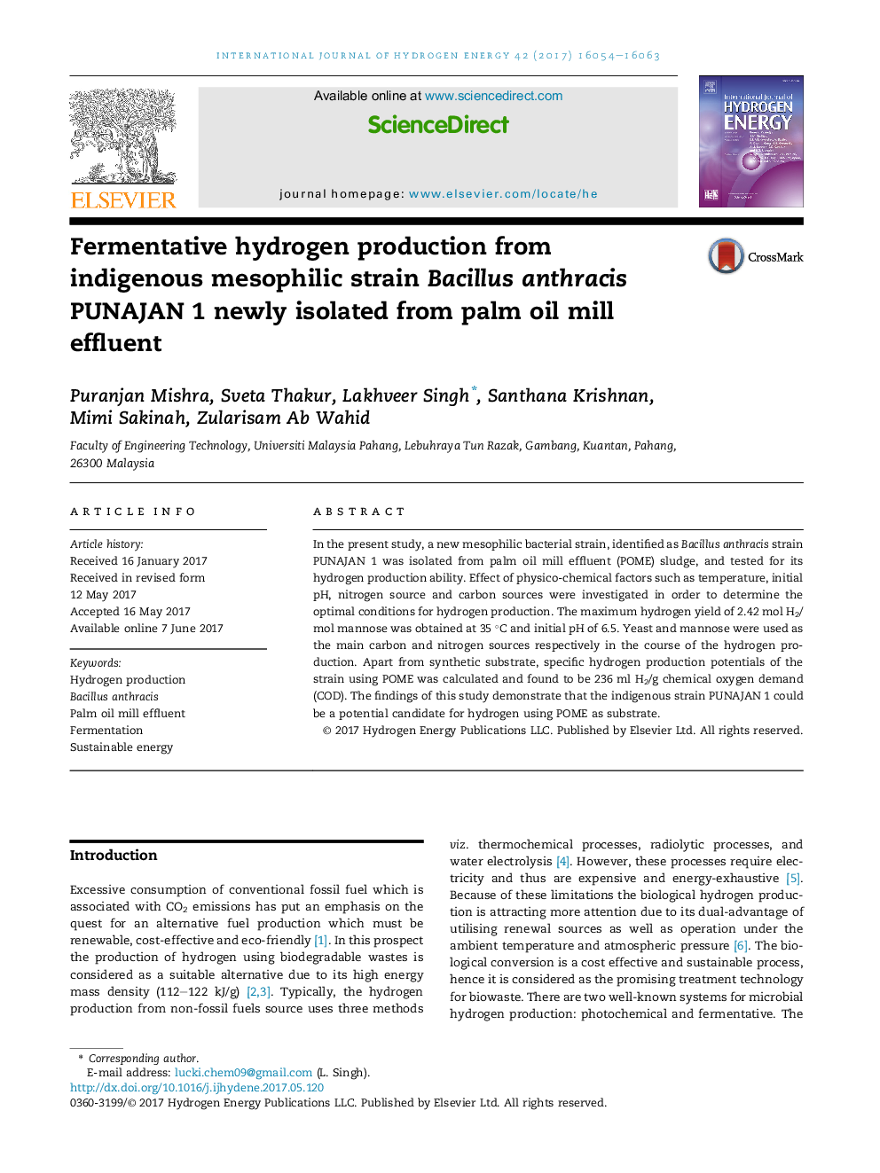 Fermentative hydrogen production from indigenous mesophilic strain Bacillus anthracis PUNAJAN 1 newly isolated from palm oil mill effluent