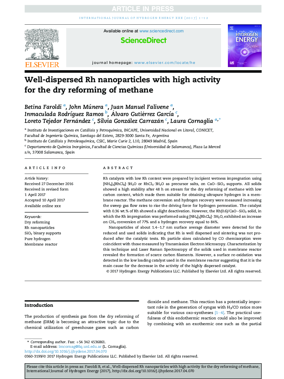 Well-dispersed Rh nanoparticles with high activity for the dry reforming of methane