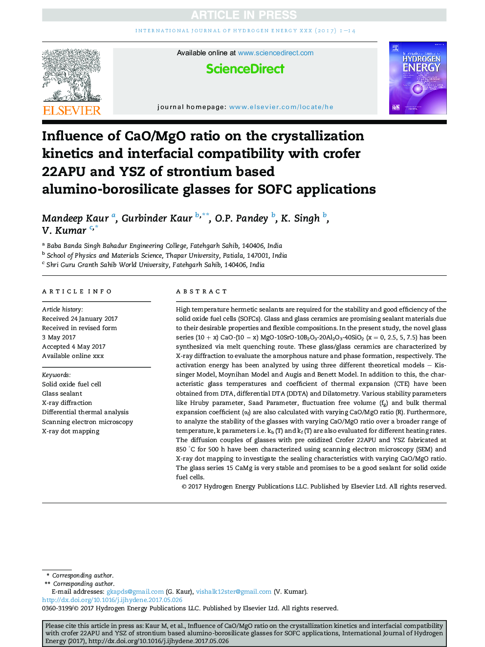 Influence of CaO/MgO ratio on the crystallization kinetics and interfacial compatibility with crofer 22APU and YSZ of strontium based alumino-borosilicate glasses for SOFC applications