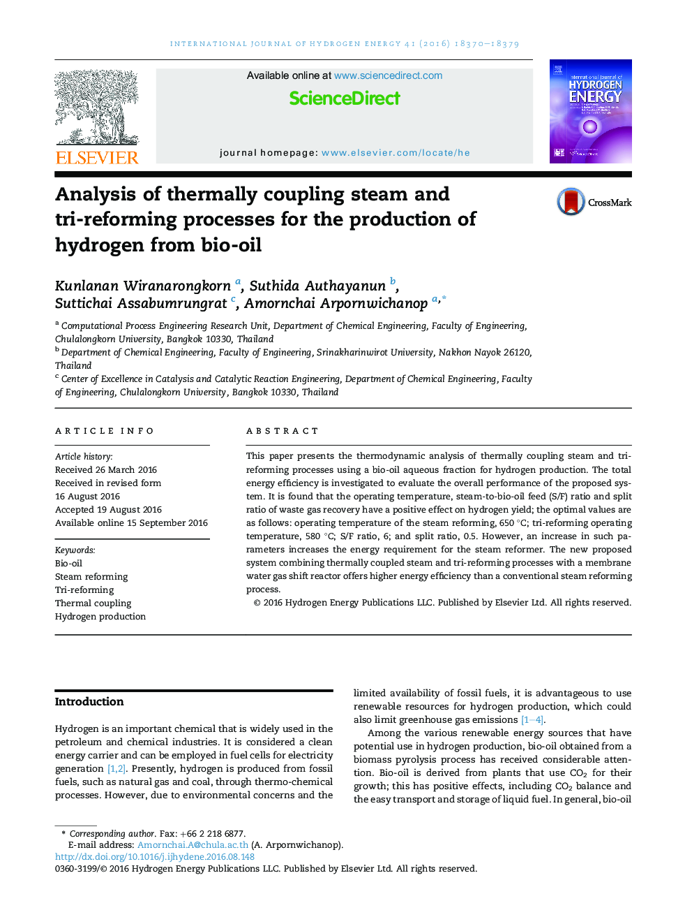 Analysis of thermally coupling steam and tri-reforming processes for the production of hydrogen from bio-oil