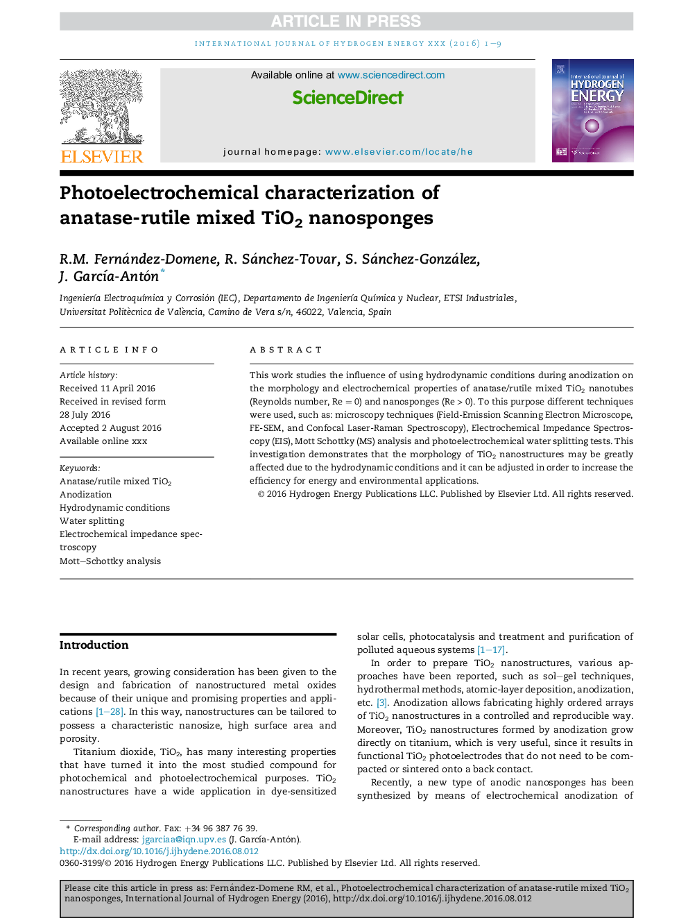 Photoelectrochemical characterization of anatase-rutile mixed TiO2 nanosponges