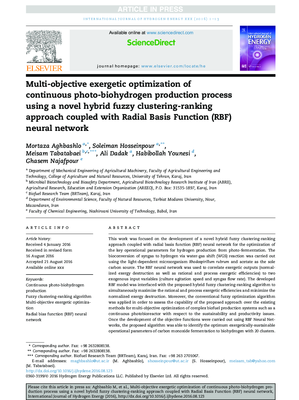 Multi-objective exergetic optimization of continuous photo-biohydrogen production process using a novel hybrid fuzzy clustering-ranking approach coupled with Radial Basis Function (RBF) neural network