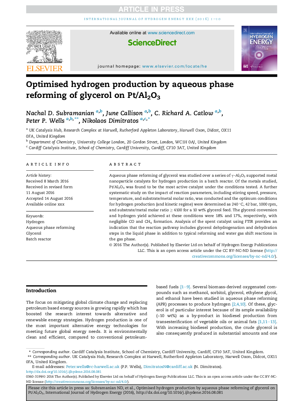 Optimised hydrogen production by aqueous phase reforming of glycerol on Pt/Al2O3