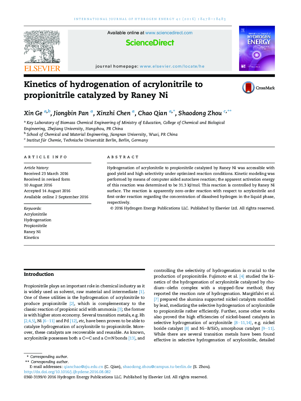 Kinetics of hydrogenation of acrylonitrile to propionitrile catalyzed by Raney Ni