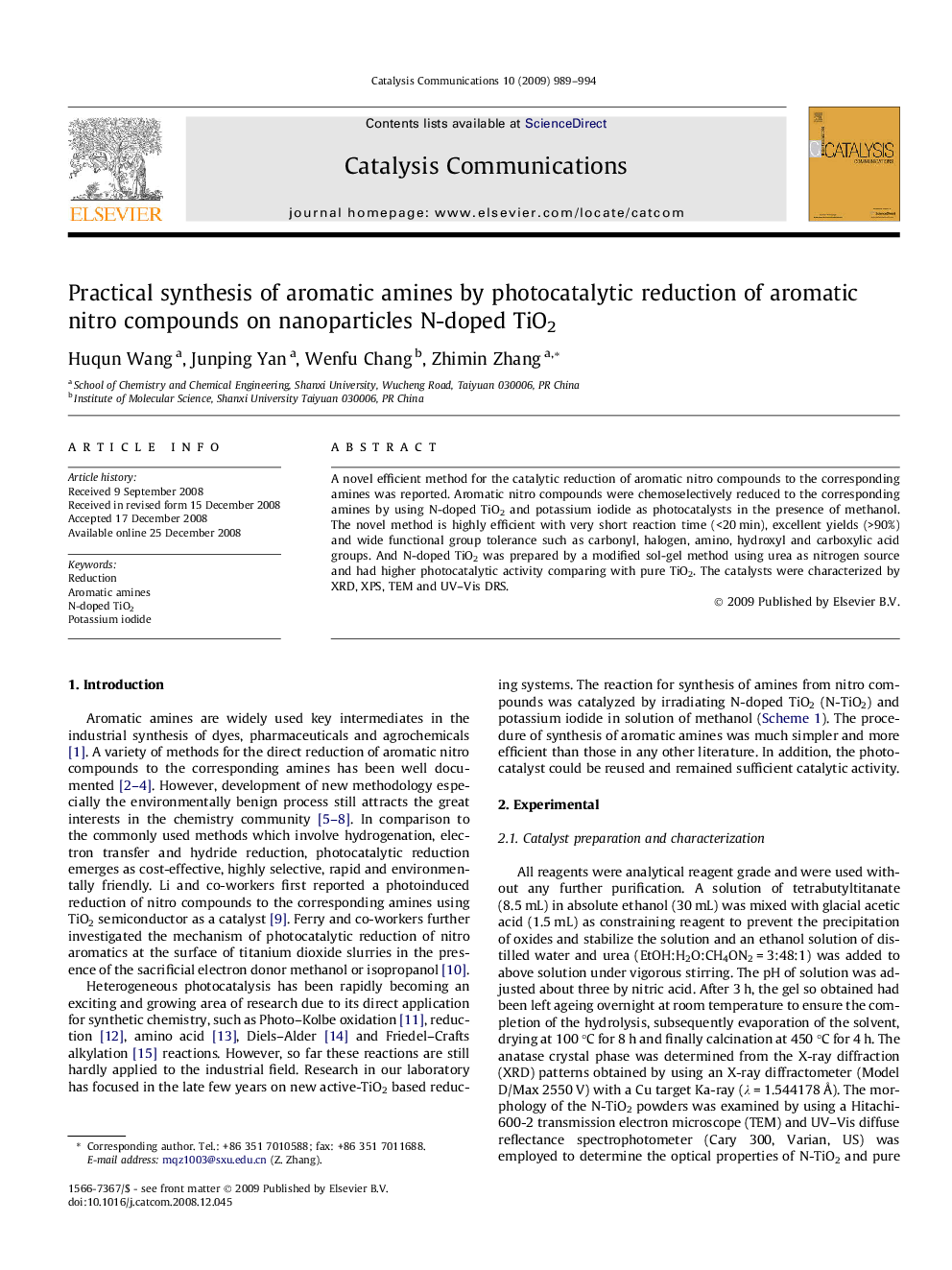 Practical synthesis of aromatic amines by photocatalytic reduction of aromatic nitro compounds on nanoparticles N-doped TiO2