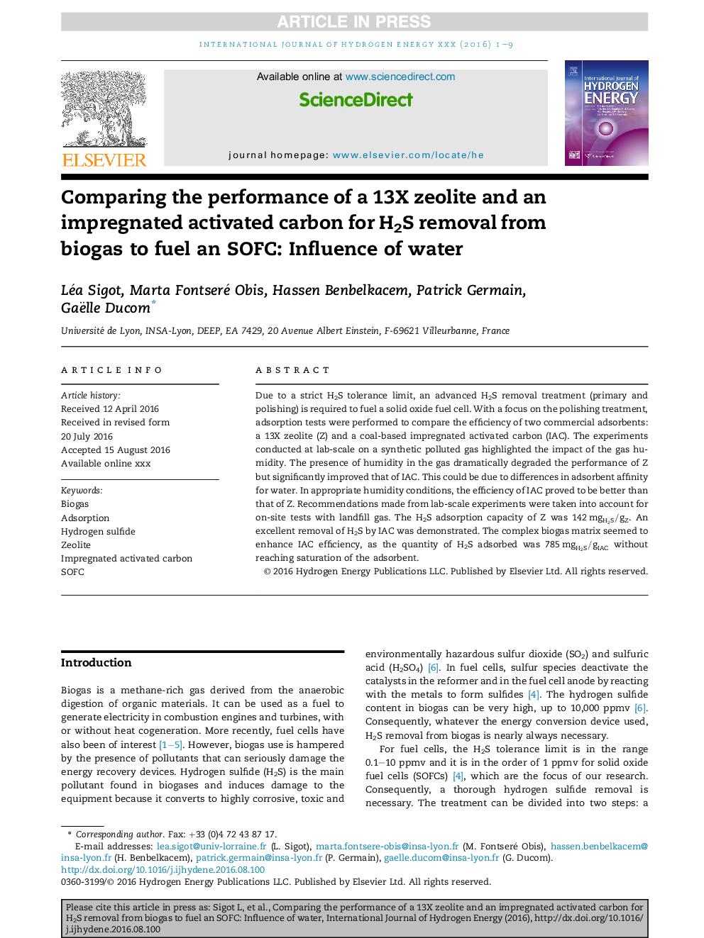 Comparing the performance of a 13X zeolite and an impregnated activated carbon for H2S removal from biogas to fuel an SOFC: Influence of water