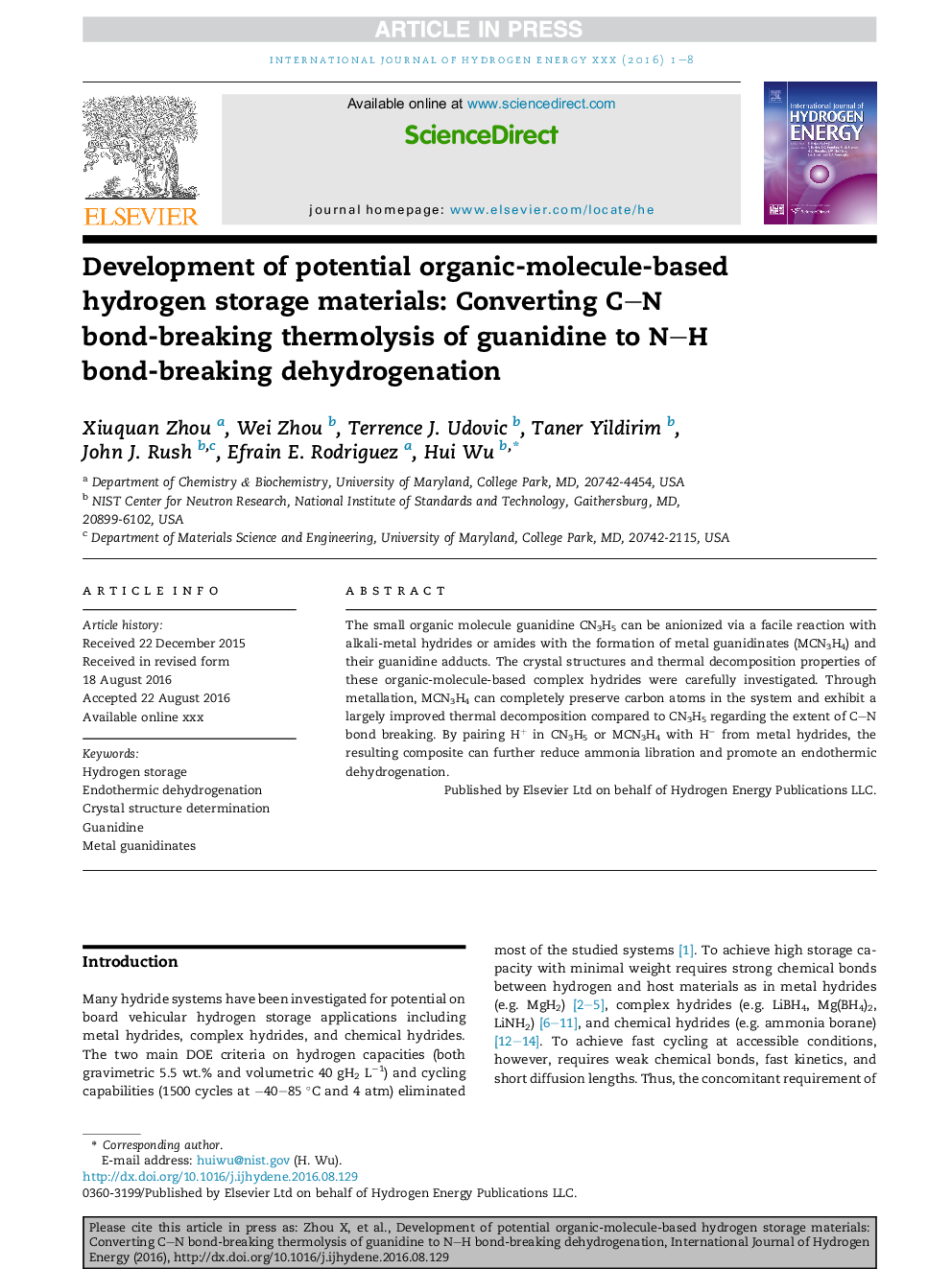 Development of potential organic-molecule-based hydrogen storage materials: Converting CN bond-breaking thermolysis of guanidine to NH bond-breaking dehydrogenation