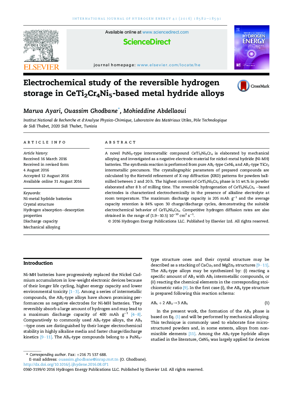 Electrochemical study of the reversible hydrogen storage in CeTi2Cr4Ni5-based metal hydride alloys