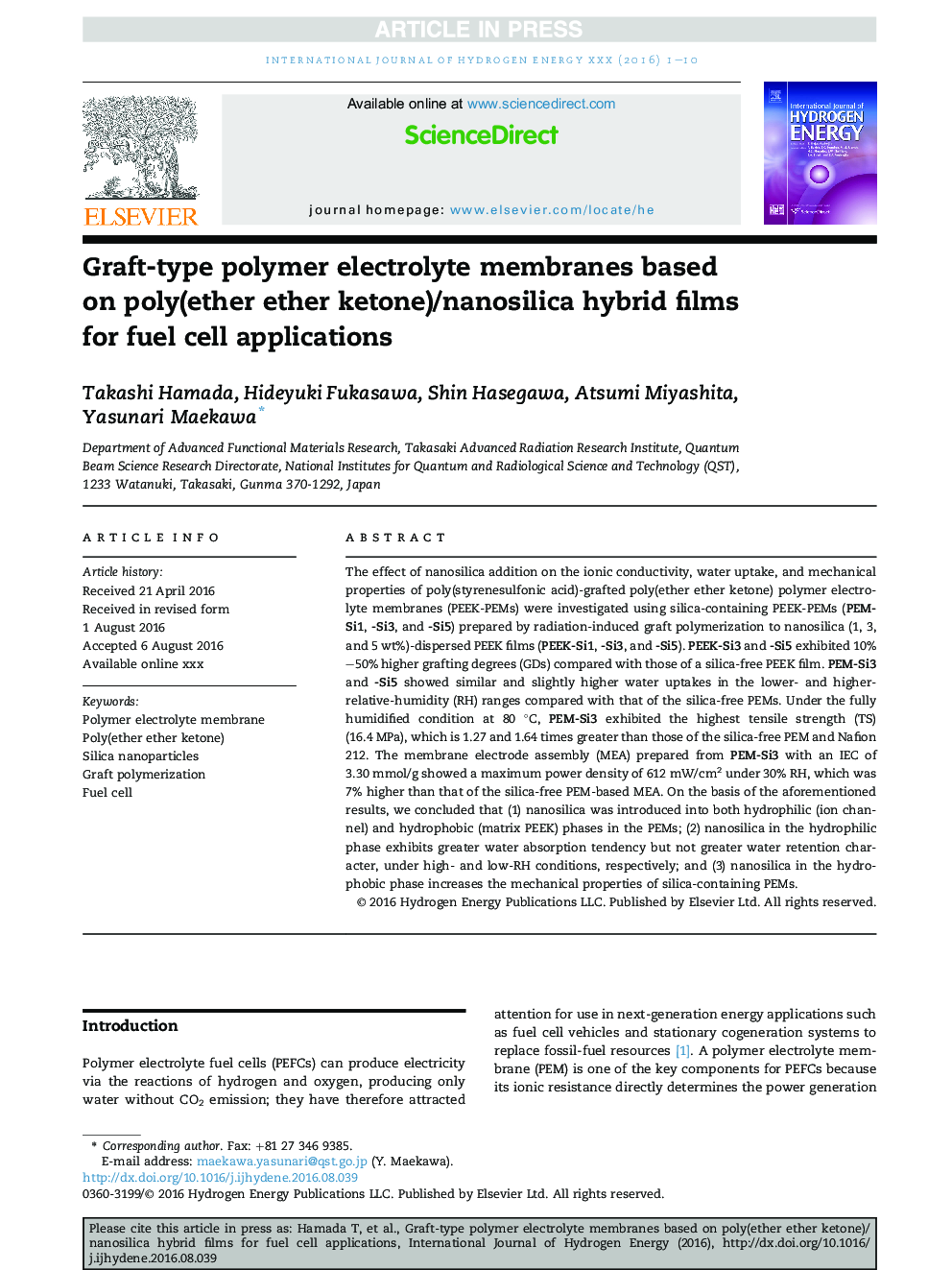 Graft-type polymer electrolyte membranes based on poly(ether ether ketone)/nanosilica hybrid films for fuel cell applications