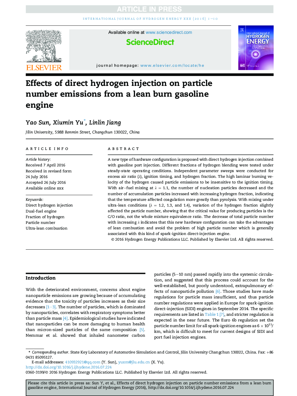 Effects of direct hydrogen injection on particle number emissions from a lean burn gasoline engine