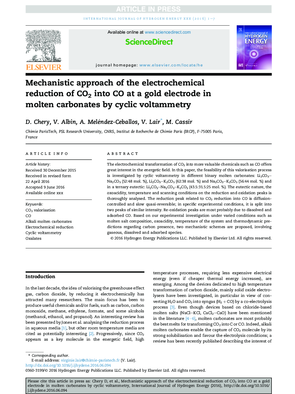 Mechanistic approach of the electrochemical reduction of CO2 into CO at a gold electrode in molten carbonates by cyclic voltammetry