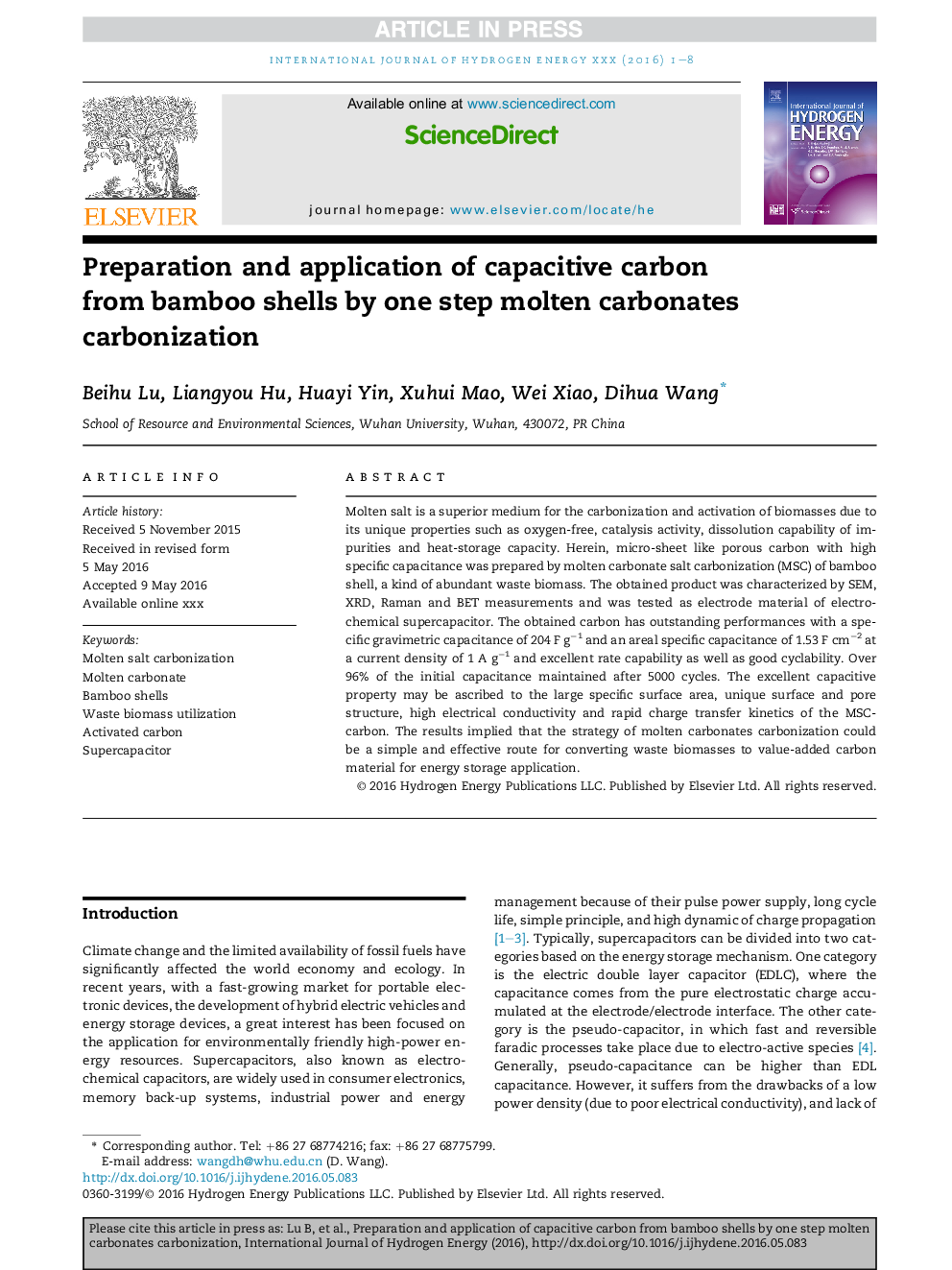 Preparation and application of capacitive carbon from bamboo shells by one step molten carbonates carbonization