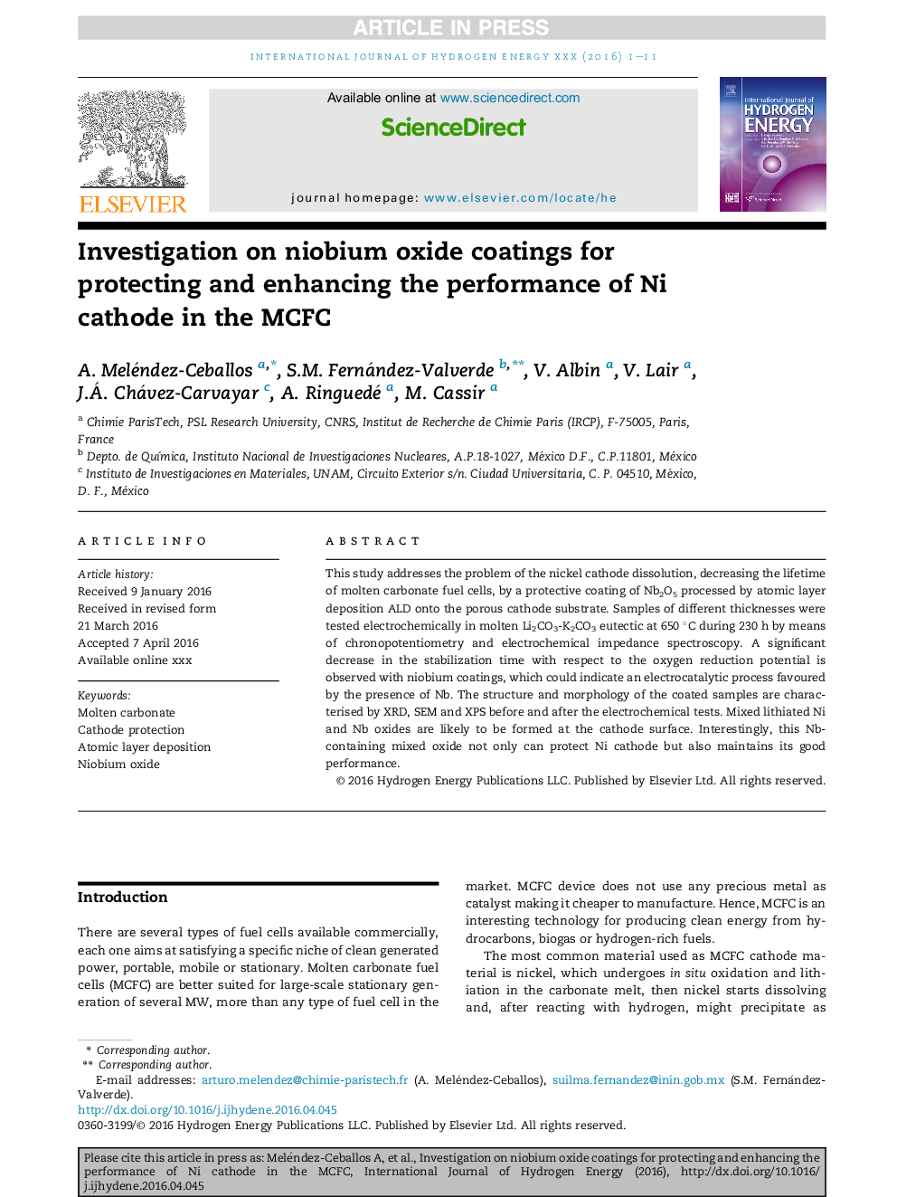 Investigation on niobium oxide coatings for protecting and enhancing the performance of Ni cathode in the MCFC