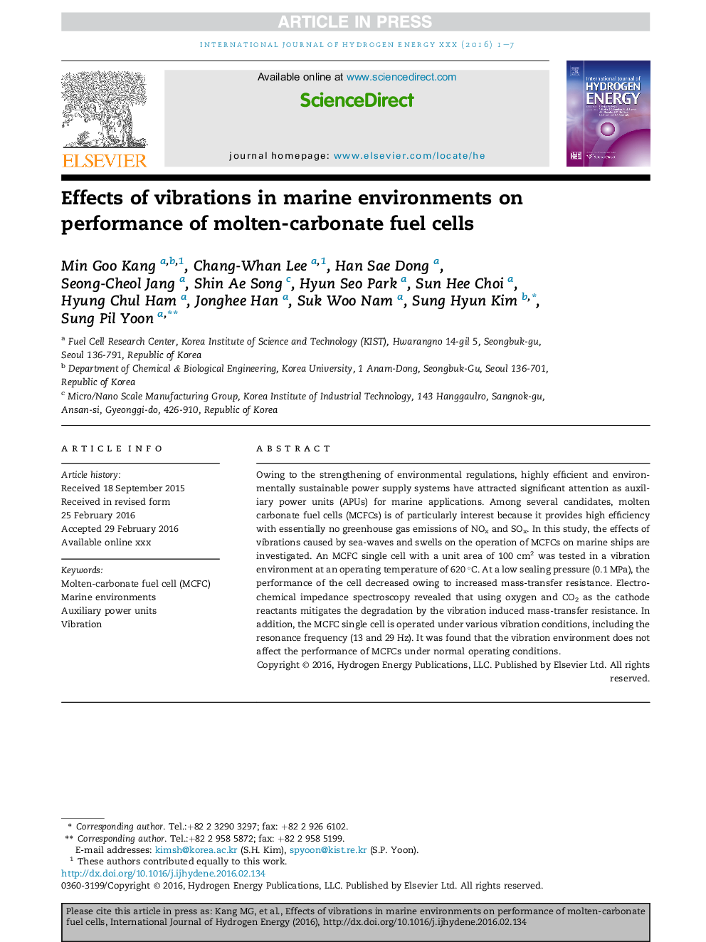 Effects of vibrations in marine environments on performance of molten-carbonate fuel cells