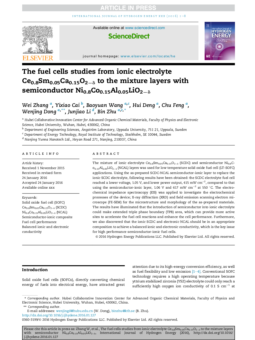 The fuel cells studies from ionic electrolyte Ce0.8Sm0.05Ca0.15O2âÎ´ to the mixture layers with semiconductor Ni0.8Co0.15Al0.05LiO2âÎ´