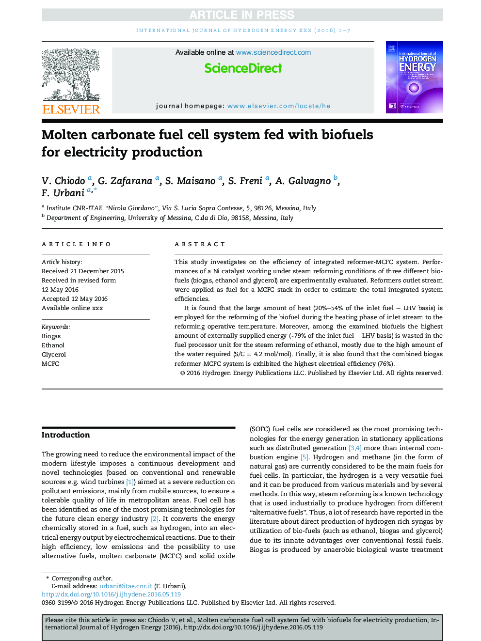 Molten carbonate fuel cell system fed with biofuels for electricity production