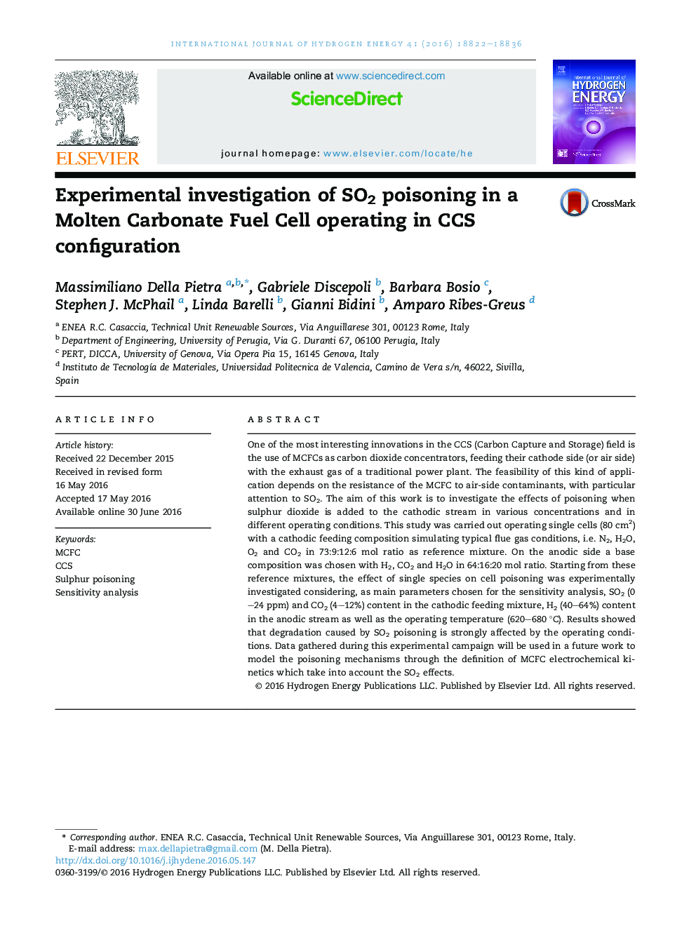 Experimental investigation of SO2 poisoning in a Molten Carbonate Fuel Cell operating in CCS configuration