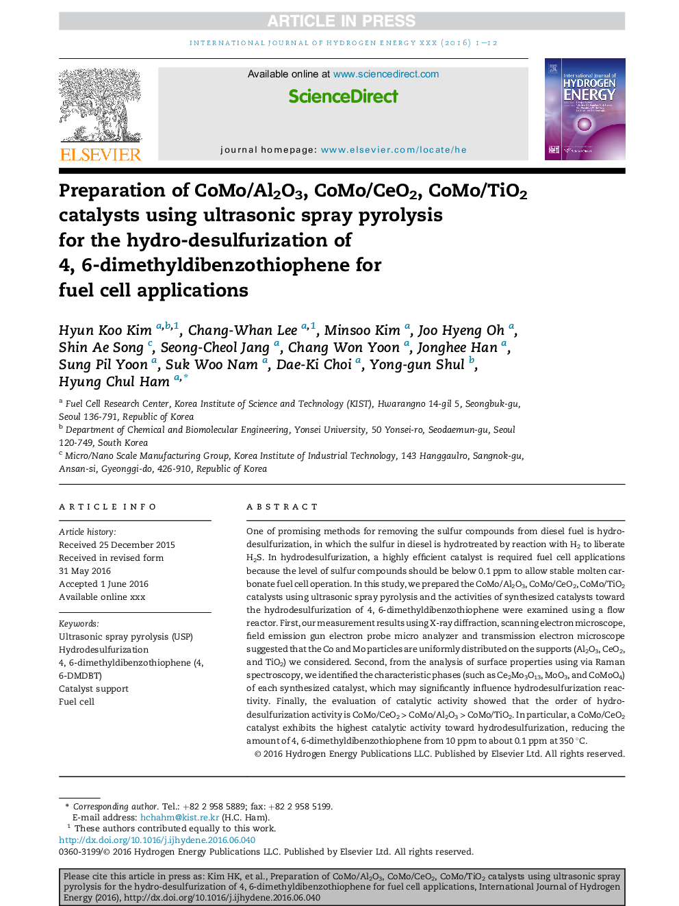 Preparation of CoMo/Al2O3, CoMo/CeO2, CoMo/TiO2 catalysts using ultrasonic spray pyrolysis forÂ theÂ hydro-desulfurization of 4,Â 6-dimethyldibenzothiophene for fuelÂ cellÂ applications