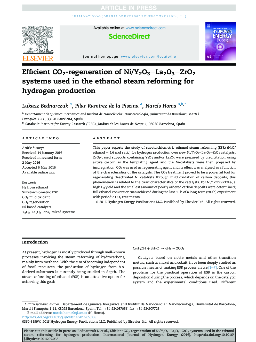 Efficient CO2-regeneration of Ni/Y2O3La2O3ZrO2 systems used in the ethanol steam reforming for hydrogen production