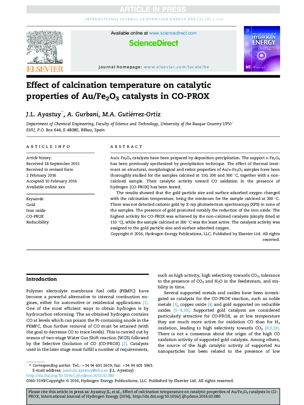 Effect of calcination temperature on catalytic properties of Au/Fe2O3 catalysts in CO-PROX