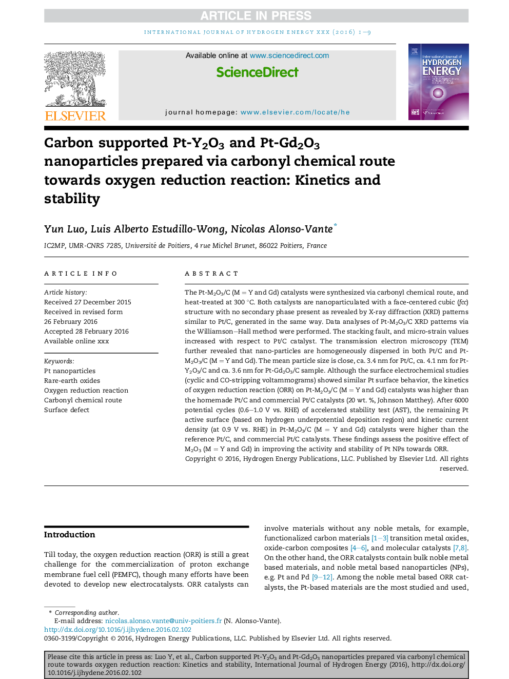 Carbon supported Pt-Y2O3 and Pt-Gd2O3 nanoparticles prepared via carbonyl chemical route towards oxygen reduction reaction: Kinetics and stability