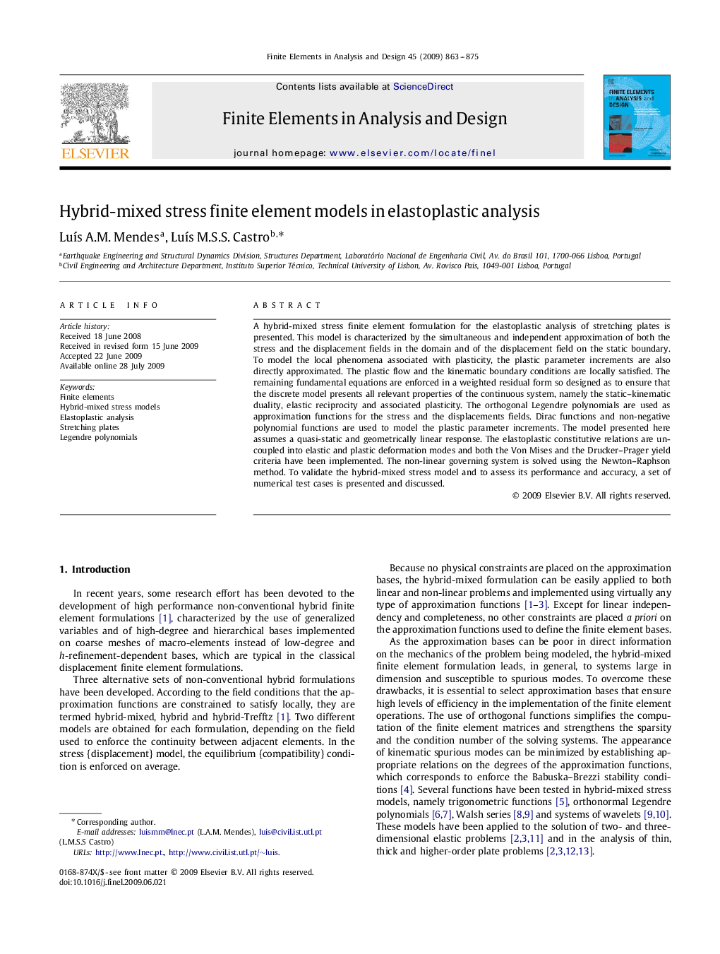 Hybrid-mixed stress finite element models in elastoplastic analysis