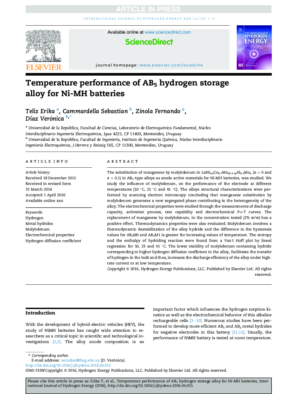 Temperature performance of AB5 hydrogen storage alloy for Ni-MH batteries