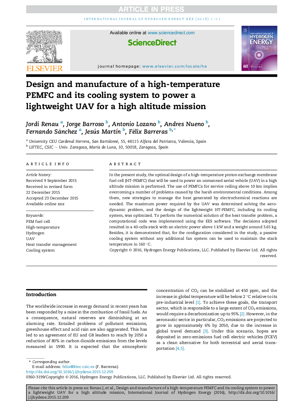 Design and manufacture of a high-temperature PEMFC and its cooling system to power a lightweight UAV for a high altitude mission