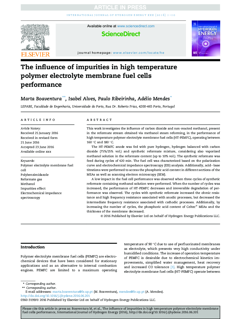 The influence of impurities in high temperature polymer electrolyte membrane fuel cells performance