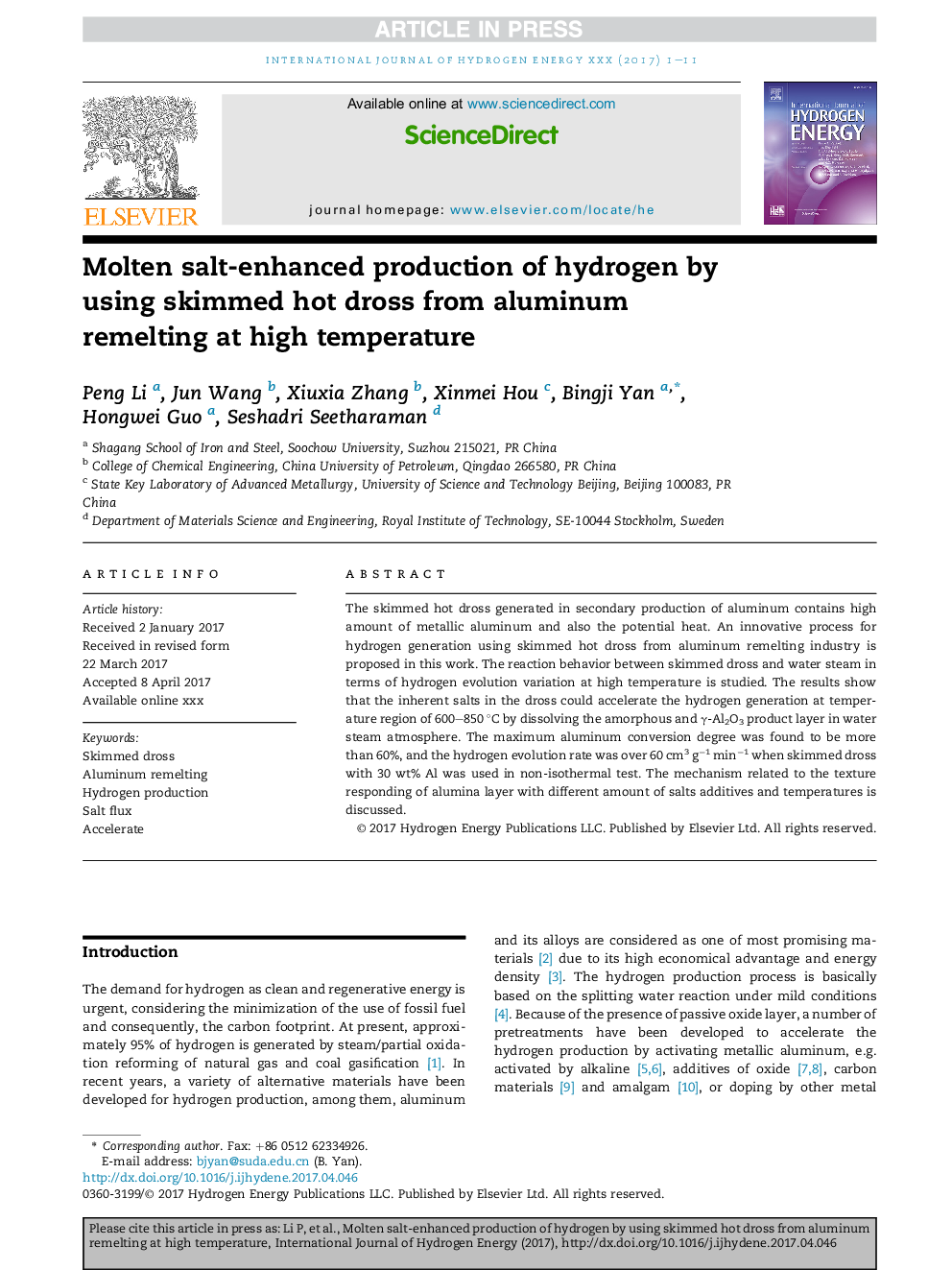 Molten salt-enhanced production of hydrogen by using skimmed hot dross from aluminum remelting at high temperature