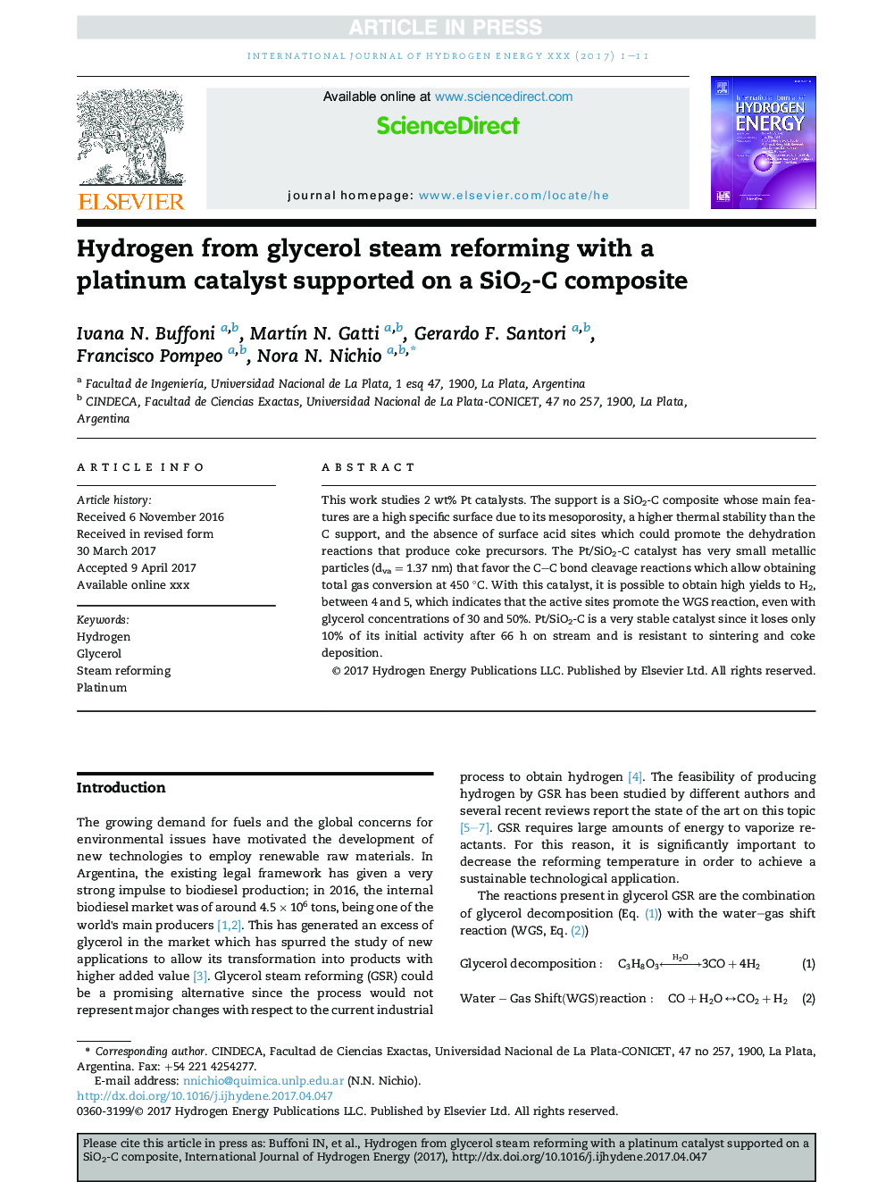 Hydrogen from glycerol steam reforming with a platinum catalyst supported on a SiO2-C composite