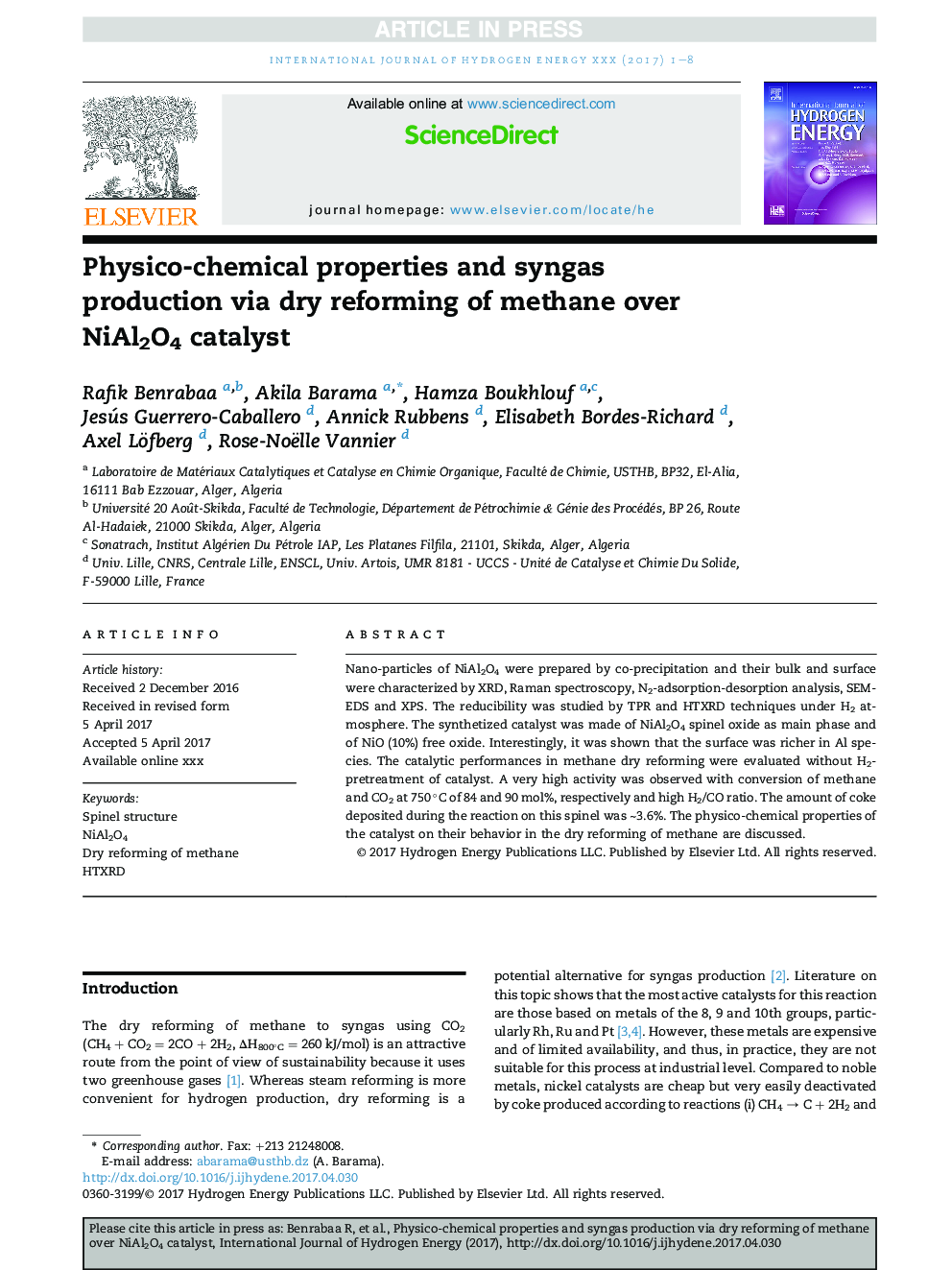 Physico-chemical properties and syngas production via dry reforming of methane over NiAl2O4 catalyst