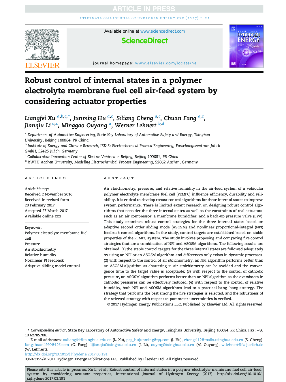 Robust control of internal states in a polymer electrolyte membrane fuel cell air-feed system by considering actuator properties