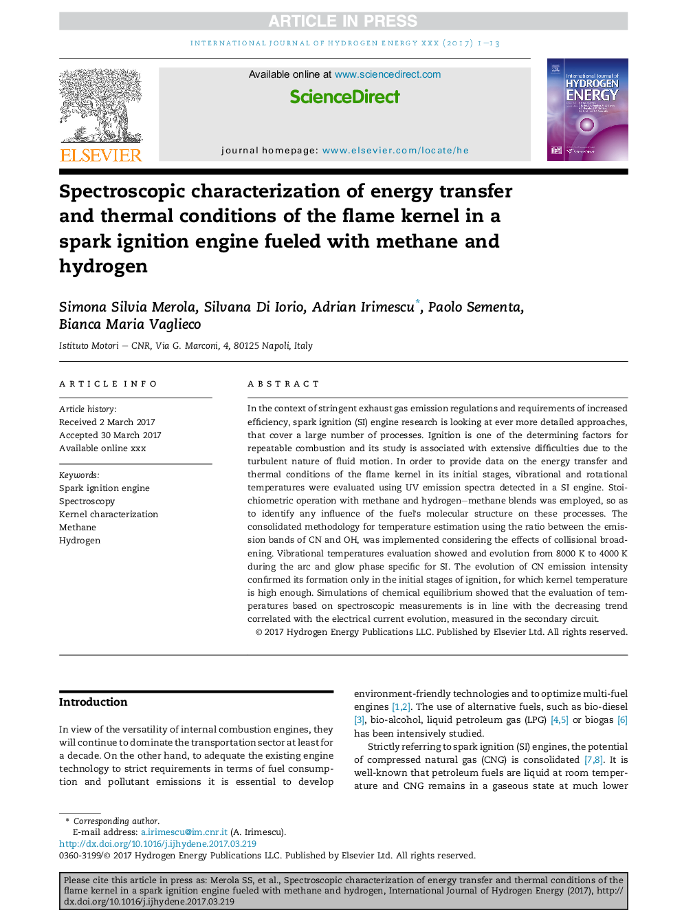 Spectroscopic characterization of energy transfer and thermal conditions of the flame kernel in a spark ignition engine fueled with methane and hydrogen