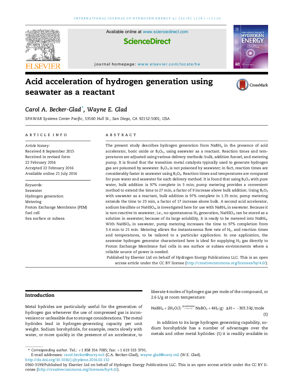 Acid acceleration of hydrogen generation using seawater as a reactant