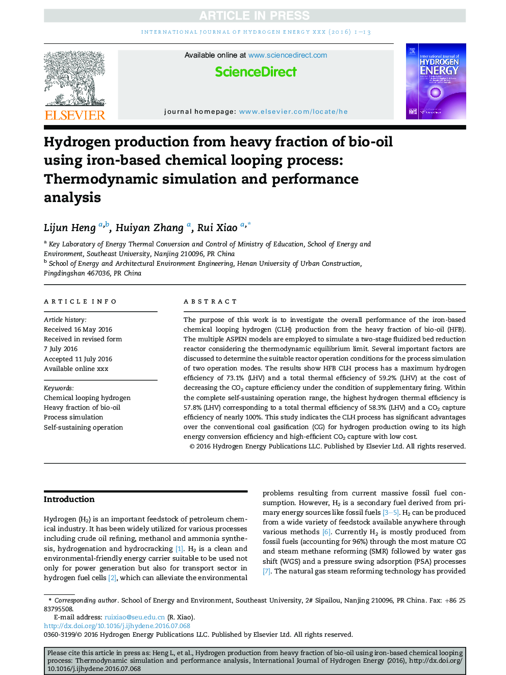 Hydrogen production from heavy fraction of bio-oil using iron-based chemical looping process: Thermodynamic simulation and performance analysis