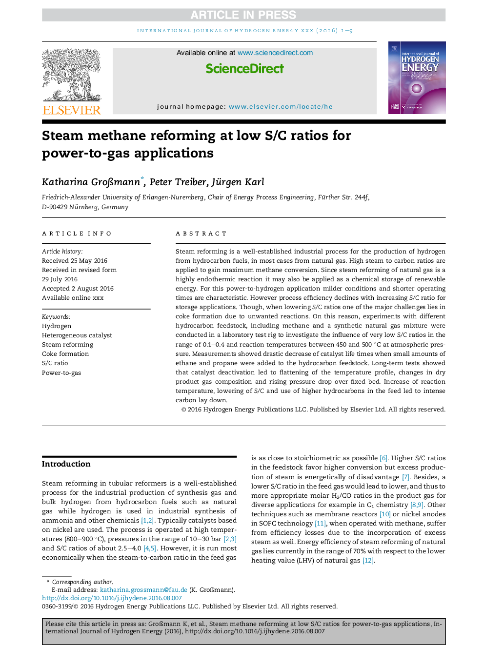 Steam methane reforming at low S/C ratios for power-to-gas applications