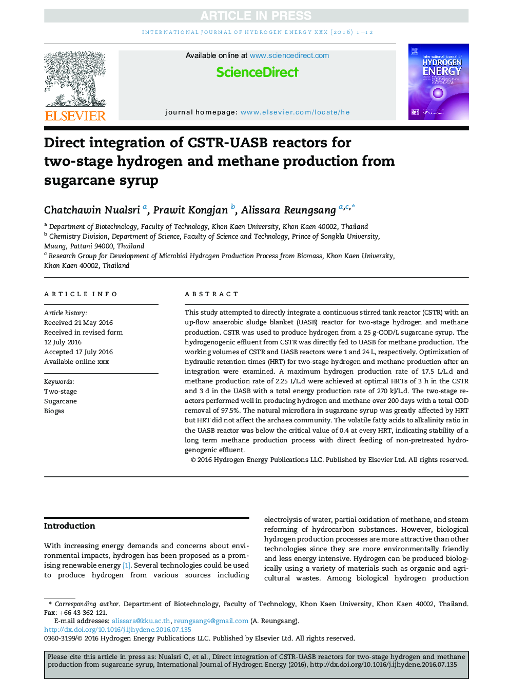 Direct integration of CSTR-UASB reactors for two-stage hydrogen and methane production from sugarcane syrup