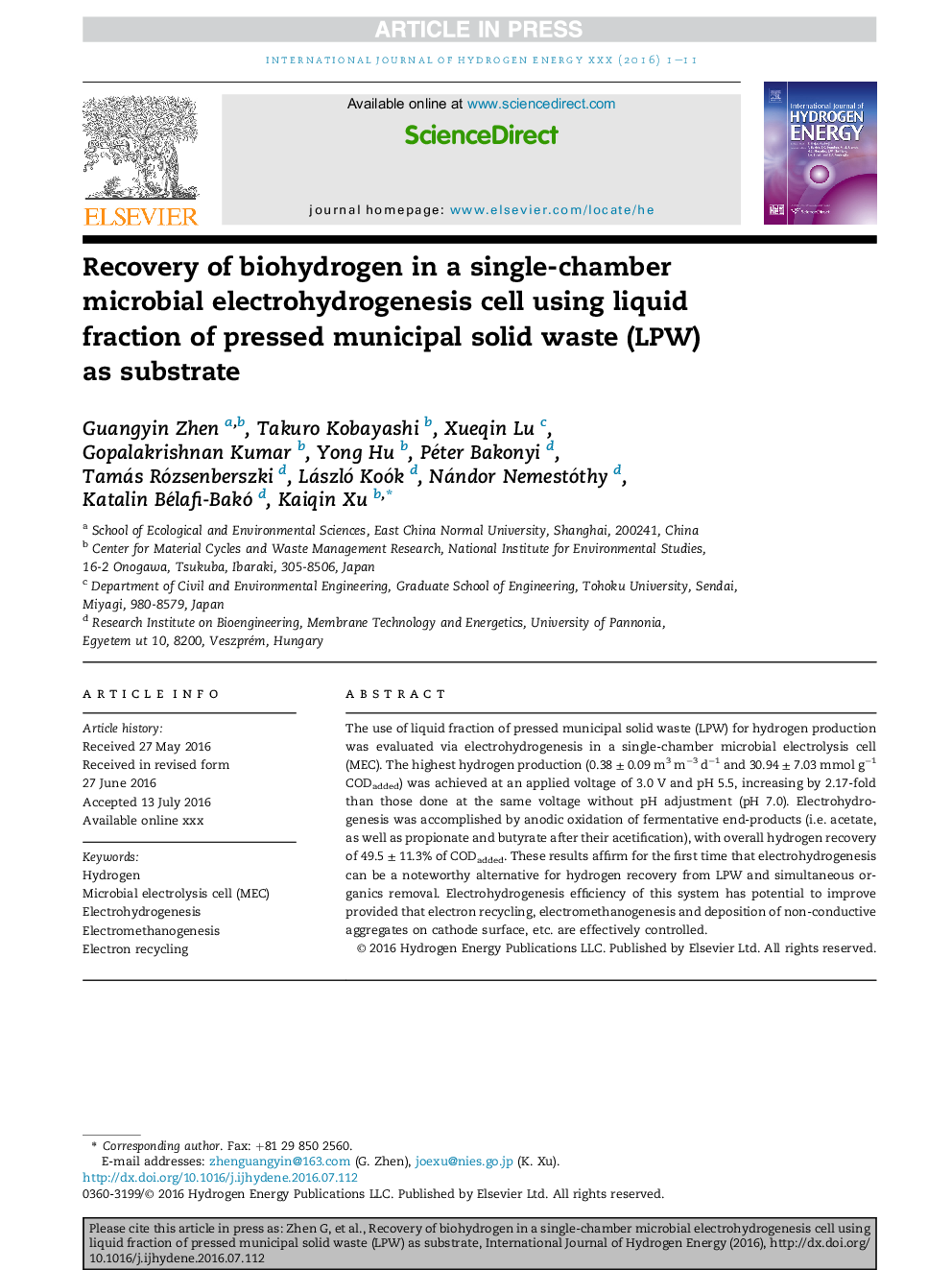 Recovery of biohydrogen in a single-chamber microbial electrohydrogenesis cell using liquid fraction of pressed municipal solid waste (LPW) asÂ substrate