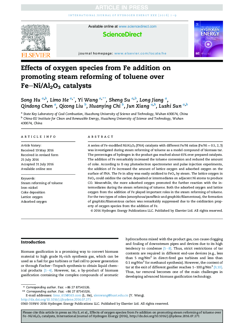 Effects of oxygen species from Fe addition on promoting steam reforming of toluene over Fe-Ni/Al2O3 catalysts