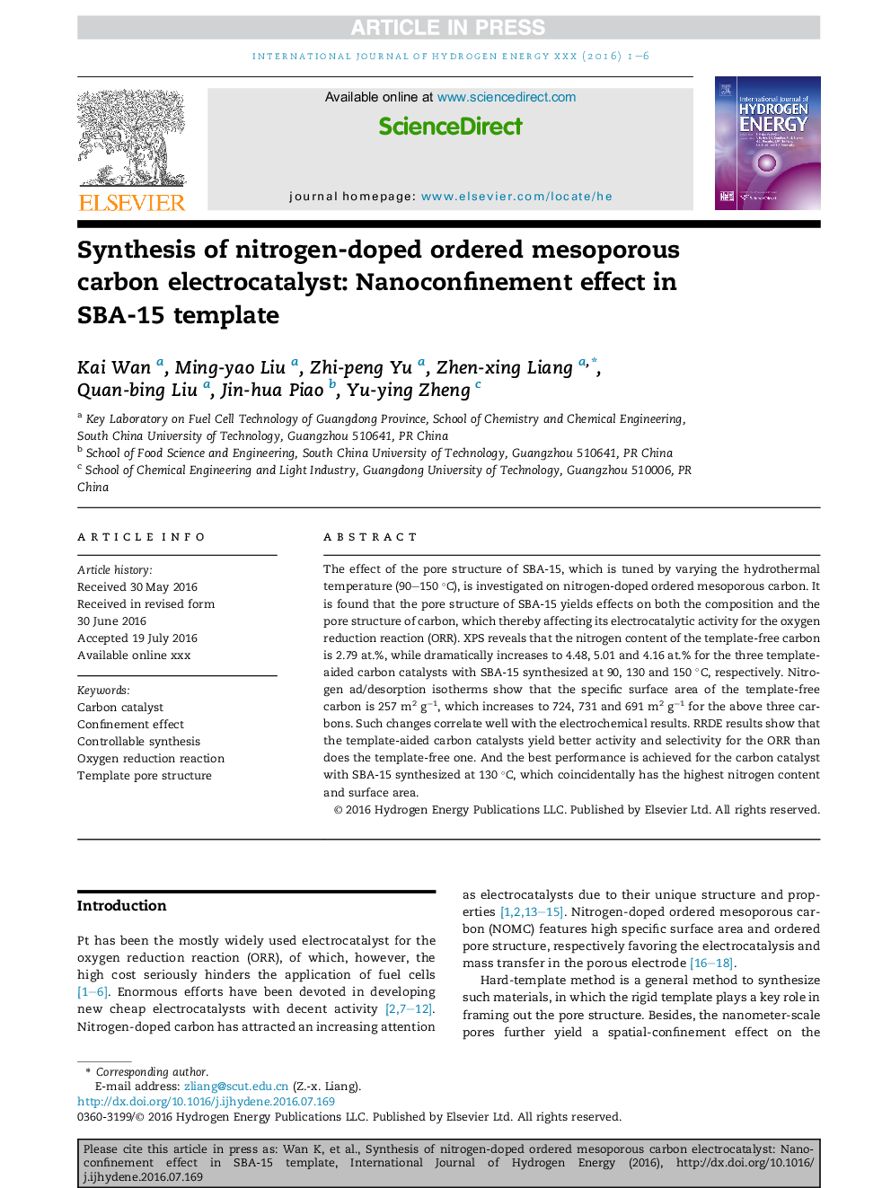 Synthesis of nitrogen-doped ordered mesoporous carbon electrocatalyst: Nanoconfinement effect in SBA-15 template