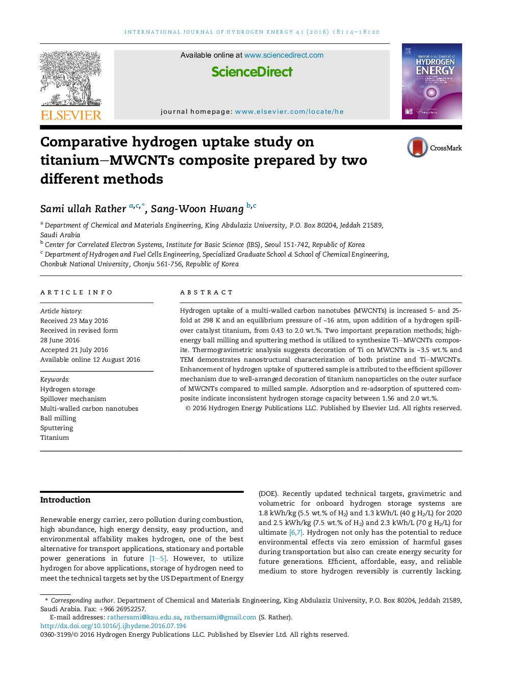 Comparative hydrogen uptake study on titanium-MWCNTs composite prepared by two different methods