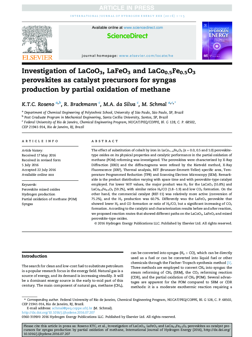 Investigation of LaCoO3, LaFeO3 and LaCo0.5Fe0.5O3 perovskites as catalyst precursors for syngas production by partial oxidation of methane