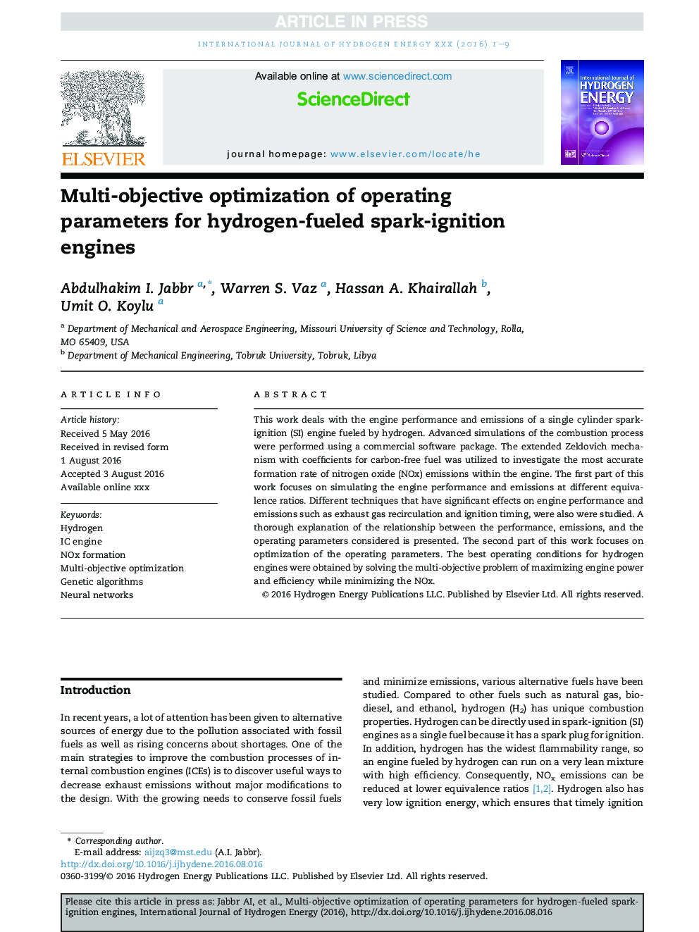 Multi-objective optimization of operating parameters for hydrogen-fueled spark-ignition engines