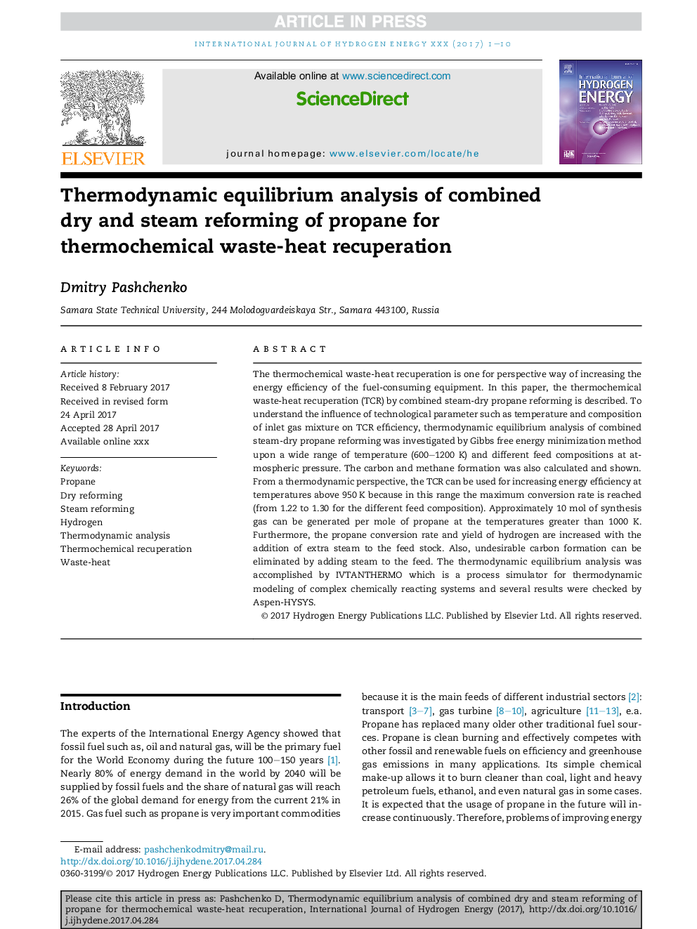 Thermodynamic equilibrium analysis of combined dry and steam reforming of propane for thermochemical waste-heat recuperation